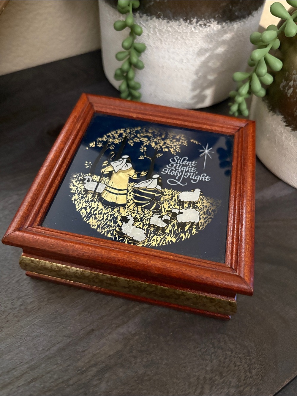 Wooden Music Box with 'Silent Night' Nativity Art